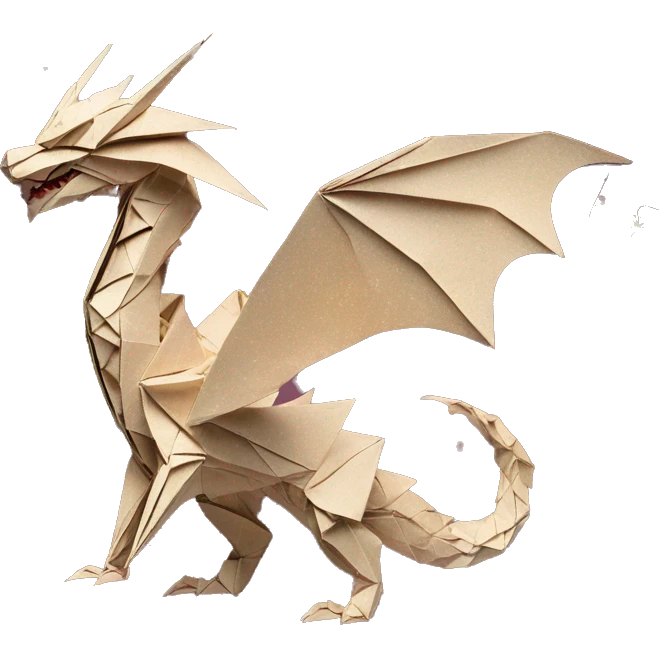 Sparkling patterned Beige Origami dragon with made of newspapers on fire intricate patterns surrounded by fairy lights nebula galaxy stars swirls iridescent covered in dried flowers emoji