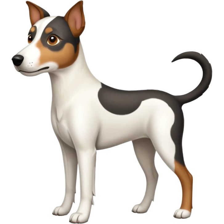 a full body large white parson russell looking dog the size of a kelpie with light brown ears and a light brown patch on one eye and a large snout emoji