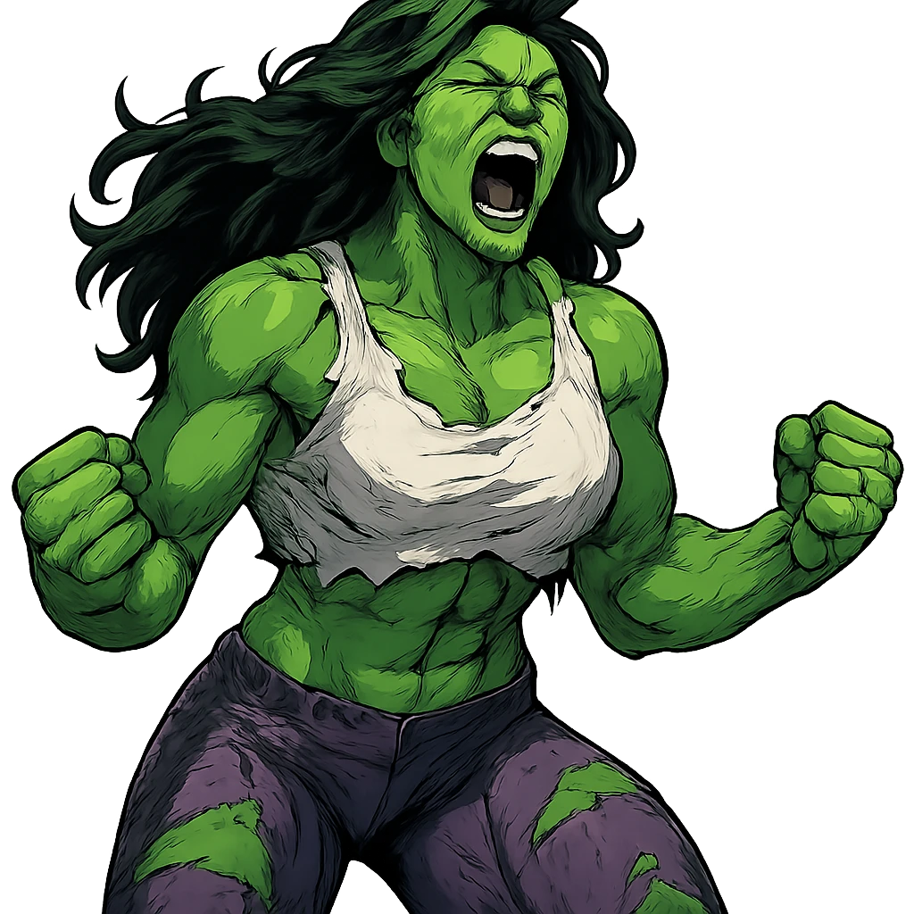 a female Hulk roaring in rage, fists clenched, green skin, ripped shirt and pants emoji