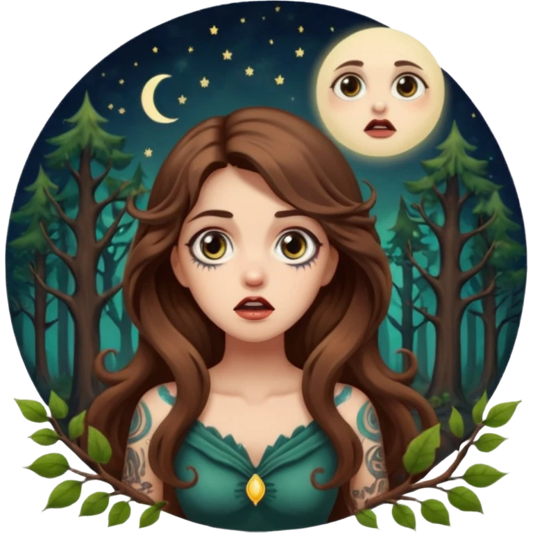 shocked forest mystic woman long wavy brown hair tattoos wide eyes moon glow emoji