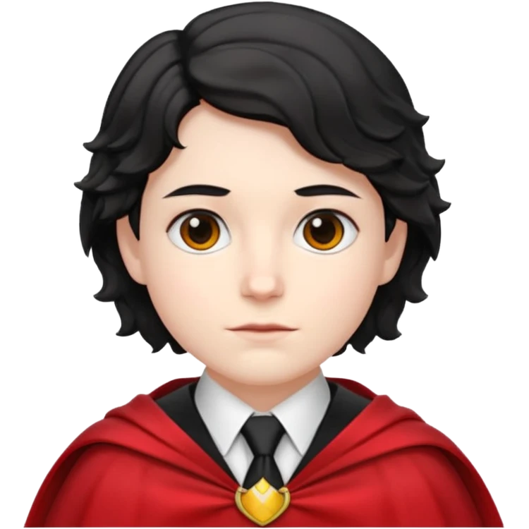 Pale skin, short black wavy hair, red and black cape, tie. A traditional vampire look. emoji
