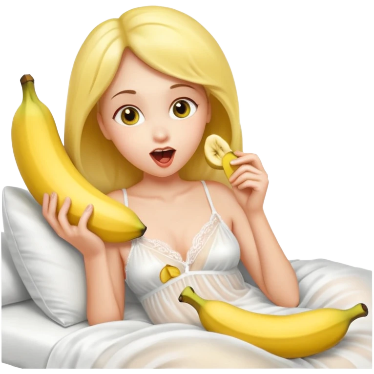 Frau in durchsichtigem Nachthemd leckt an einer ganzen Banane im bett ohne ander Bananen emoji