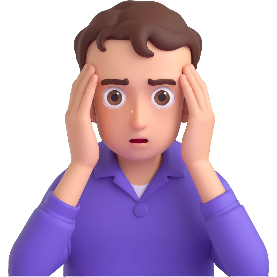 programmer in panic, wide eyes, sweat, hands on head emoji