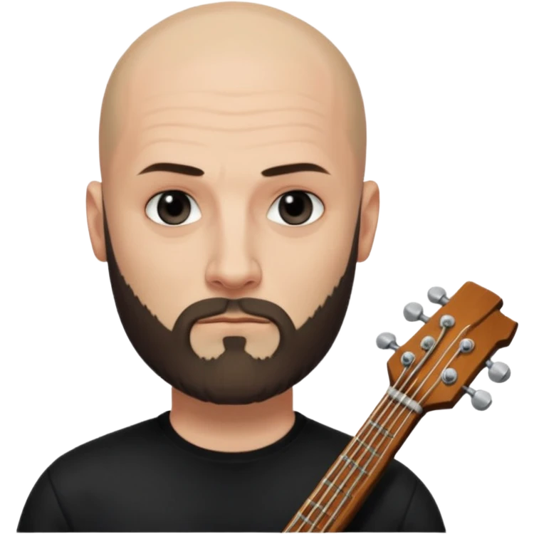 Oliver Riedel, bassist of Rammstein, bald, full beard, calm expression, black shirt emoji
