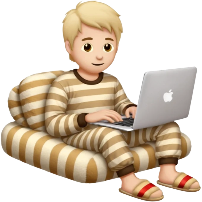 man in striped pajamas and fuzzy slippers typing on a laptop, emoji style emoji