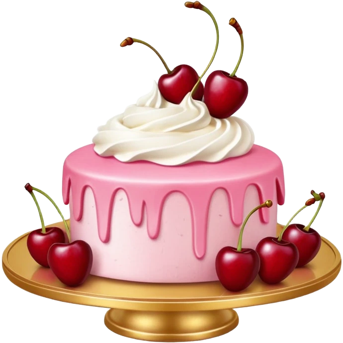Round pink frosted cake with textured buttercream sides, placed on a gold cake board.
White whipped cream swirls on top, each topped with glossy red cherries with stems, clean studio lighting, isolated background, realistic minimal smooth emoji-style. emoji