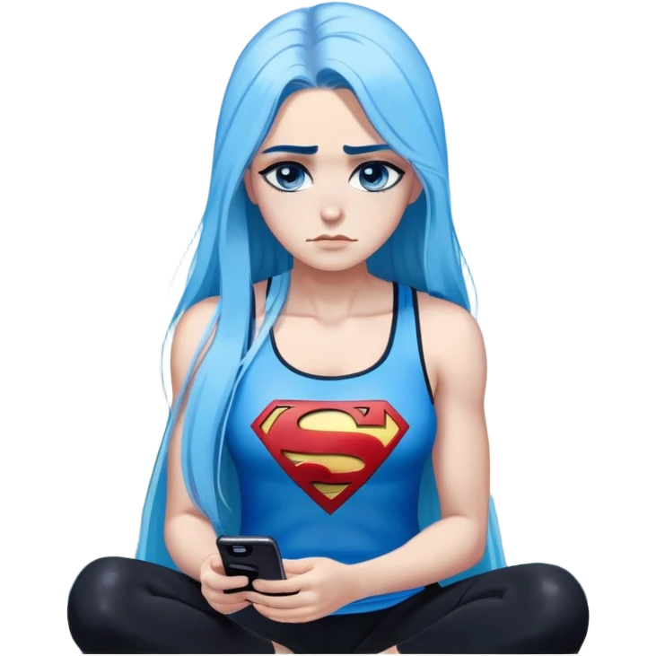 Shameful disappointed crying-very very very very big chest-texting on a samsung cell phone-very long straight flowing black to sky blue hair ombre-blue eyes-black eyeliner-long eyelashes-plastic sparkling sky blue very low cut tank top with sparkling superman logo-black leggings-nike sneakers emoji