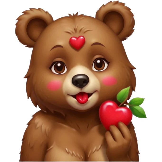 A female bear, with cherries on ears, blowing a kiss with her lips, releasing a heart emoji