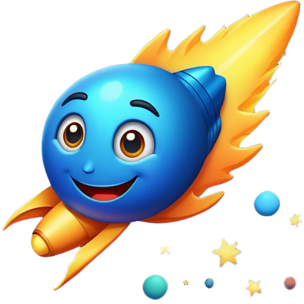 A comet with a smiling face and large, expressive eyes (but not too big). The style is comic-like, with bright colors and clean, bold lines. The comet is flying through outer space, leaving a glowing, colorful trail behind. The overall look is cartoonish, cheerful, and friendly emoji