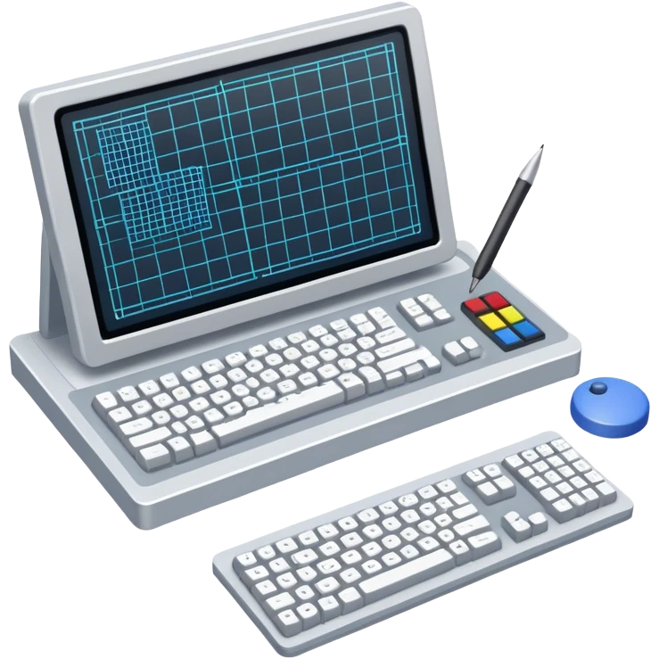 Emoji for Game Design: computer screen with Professional game development interface, 3D models, pixel art and design tools like grid, wireframe, and stylus. Symbolizes the technical and creative process of game development. Transparent background. emoji