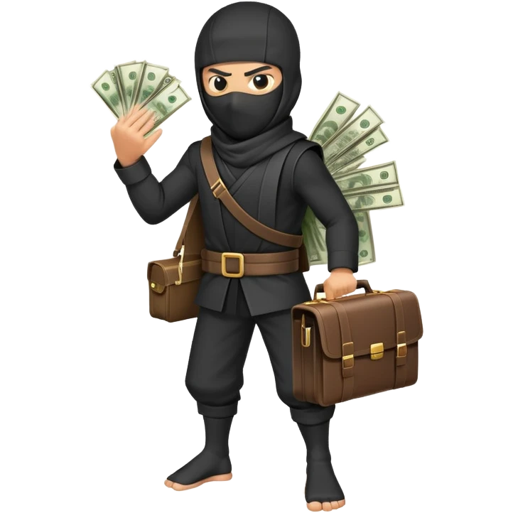 Ninja with briefcase full of money, cash sticking out, stealthy pose emoji