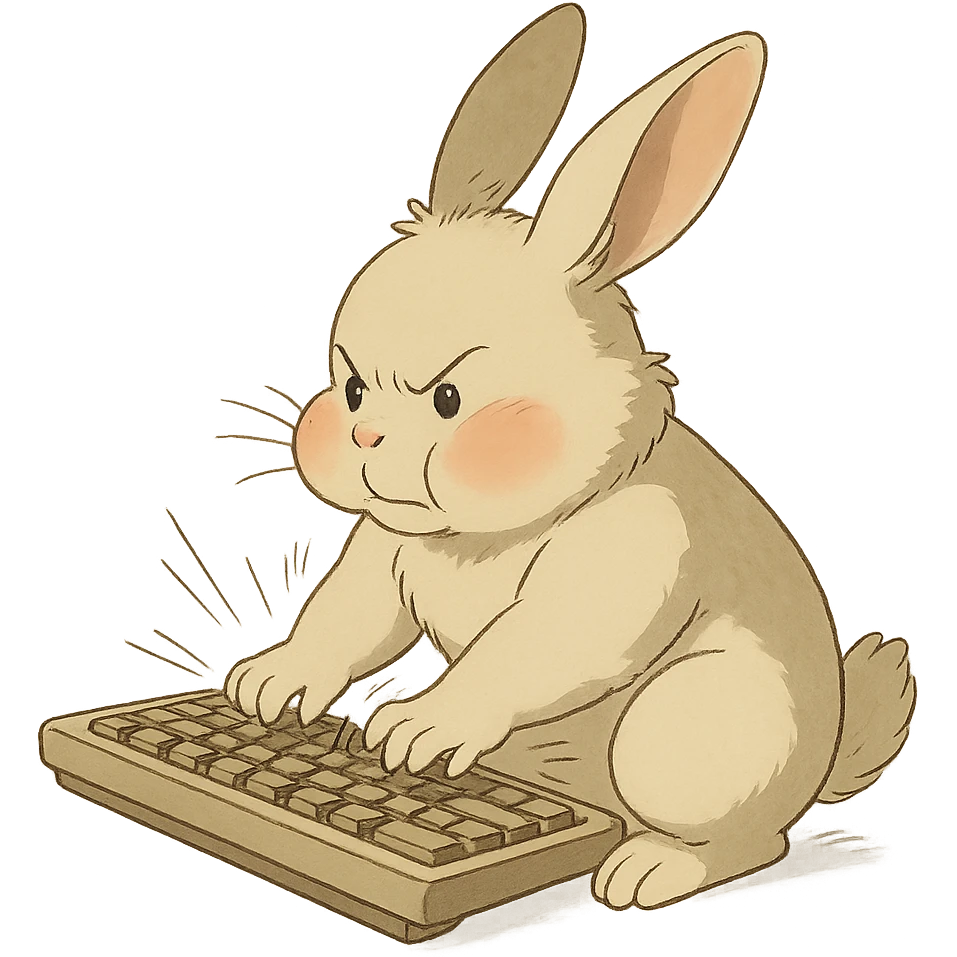 full-body vanilla bunny bunny typing fast on a keyboard, cheeks puffed, soft Ghibli style emoji