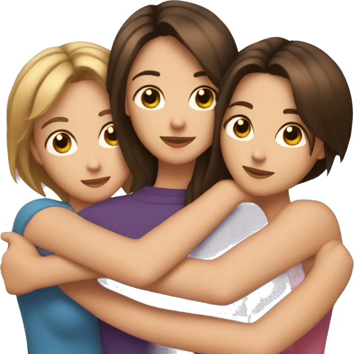 Three brunette best friends hugging one with short hair two with long hair girs emoji