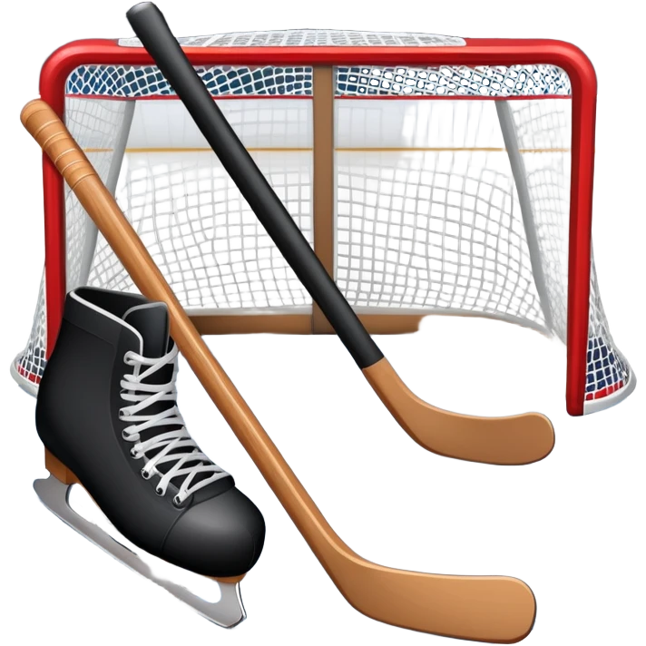 An icon showing a close-up of a hockey stick, puck, skates, and hockey net placed on the ice. The background features a packed stadium with bright lights, cheering fans, and snowy scenery outside. Transparent background highlights the key elements of the game. emoji