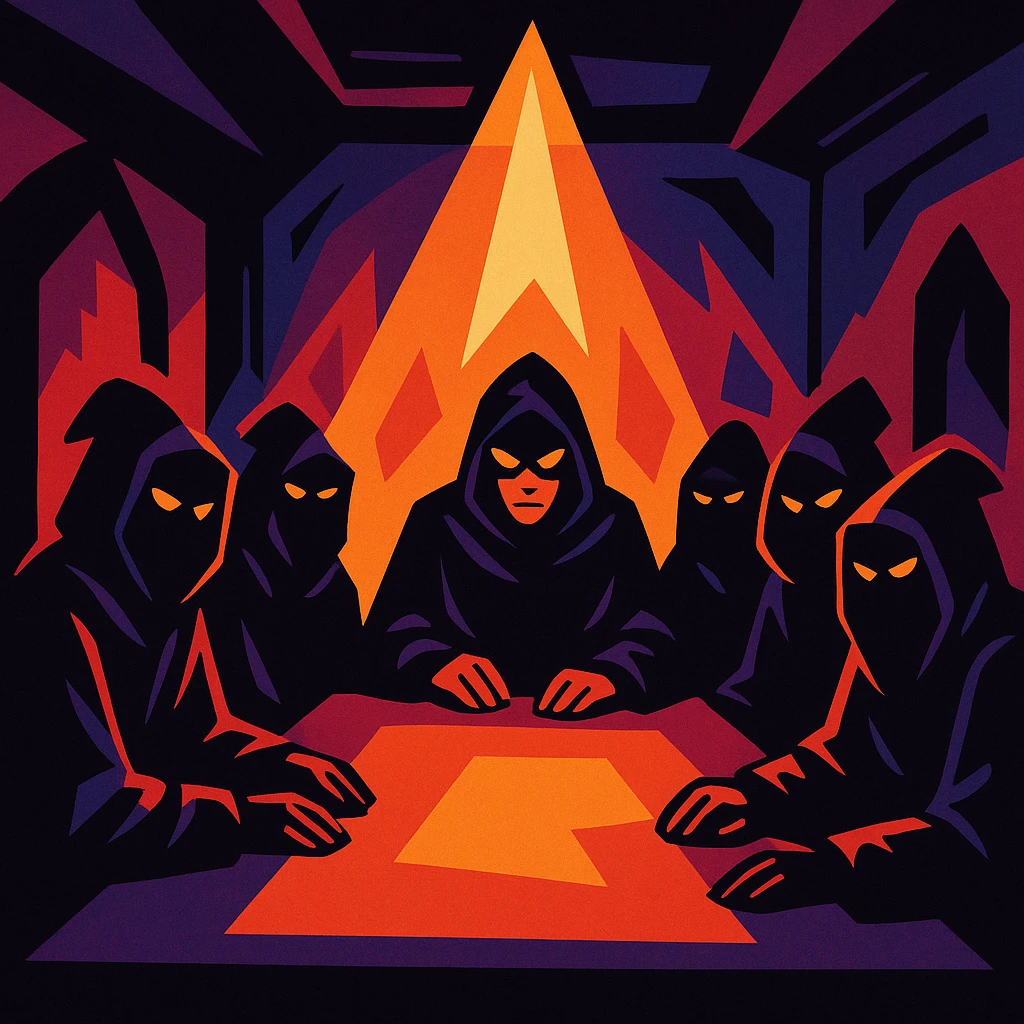 secret conclave with shadowy figures and dramatic lighting in vibrant toon style emoji
