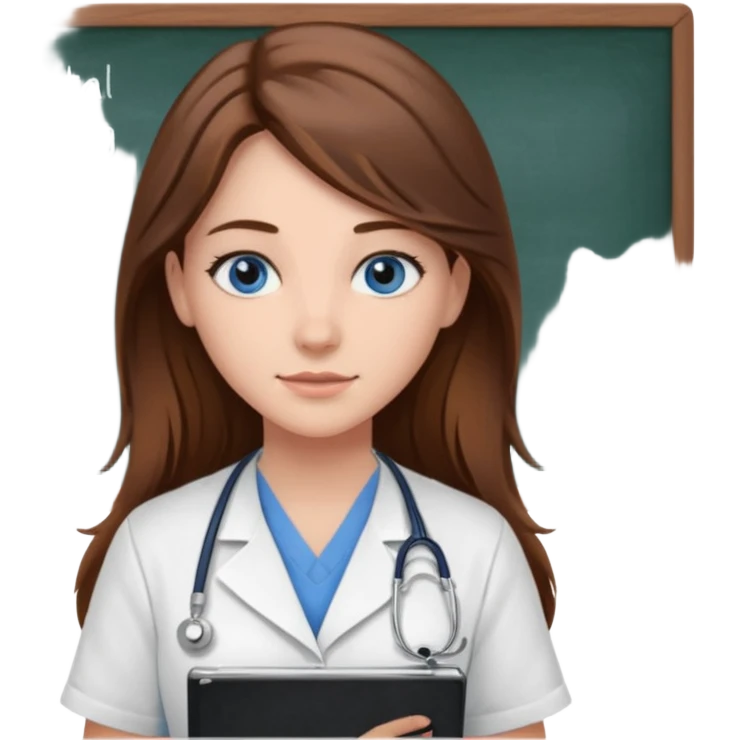 university classroom that says Mental Health Nursing on the blackboard with a pretty female nursing student with long brown hair, blue eyes emoji