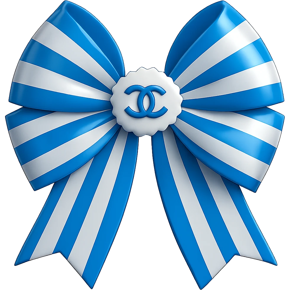 Change the striped bow to blue and white stripes, keep the small white Chanel logo visible, make the bow shiny, elegant in a 3D emoji style. Remove the background. emoji