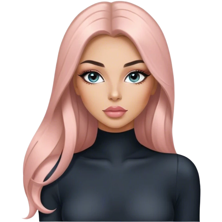 Glamours, tanned, very beautiful girl, with big pump peach-beige-rose lips, long long lashes, black straight smooth silky long hair, straight parting hair, blue-grey eyes in black long-sleeves bodysuit emoji