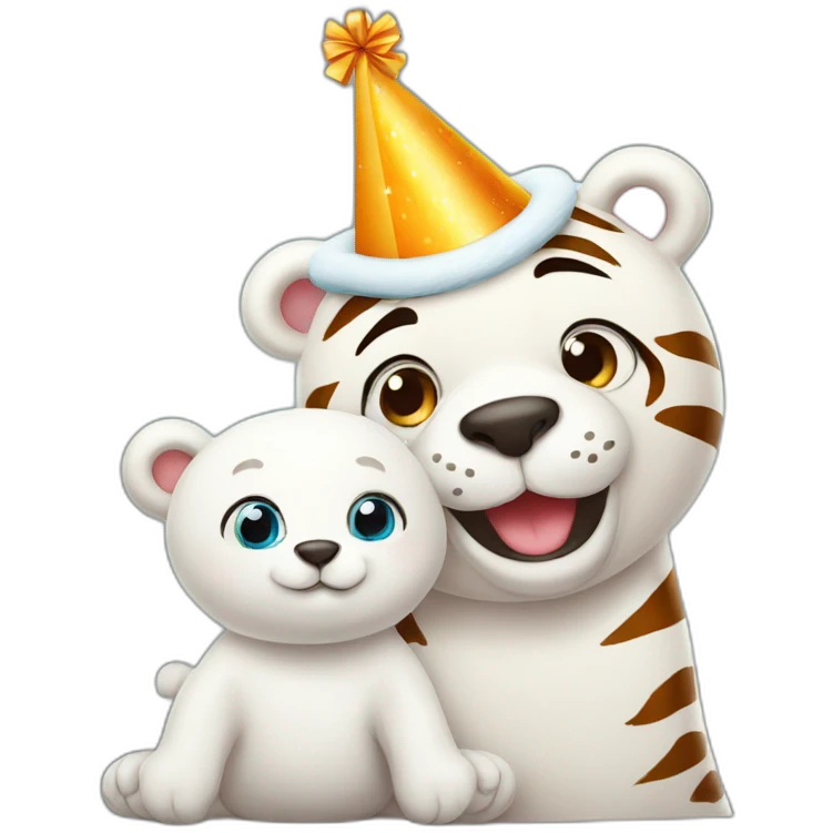 Cute tiger and polar bear with birthday hat emoji