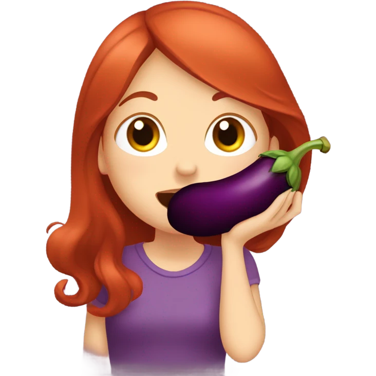 Red haired girl holding eggplant near mouth pretending to bite it emoji