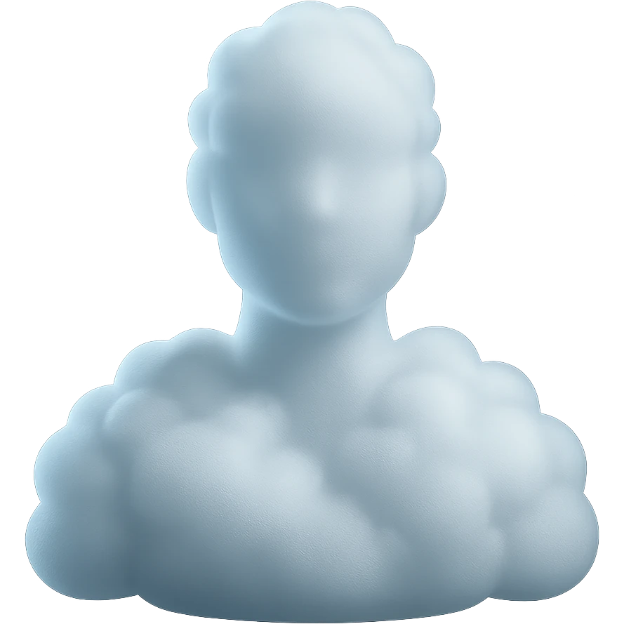 person made entirely of white fluffy clouds, shoulder up, front view, matte glass style emoji