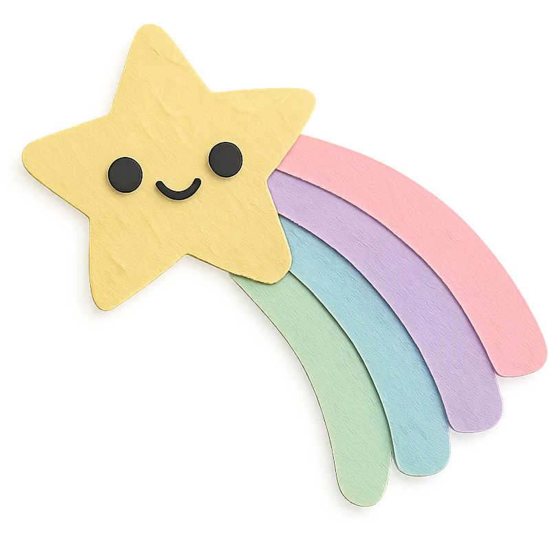 soft pastel bright shooting star leaving rainbow trail, no arms, no legs, full body, soft pastel kawaii paper craft style emoji