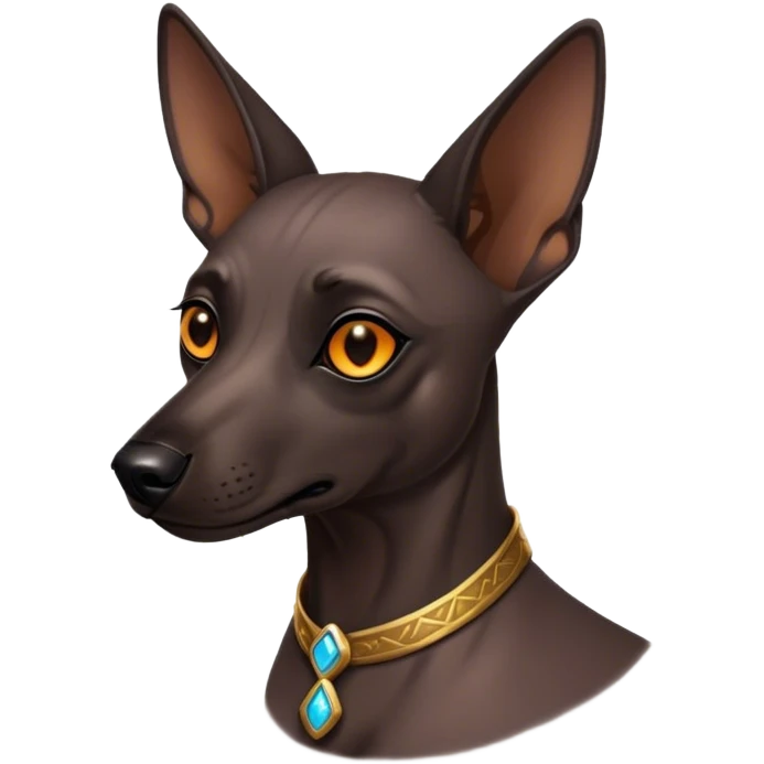 Cinematic Noble Xoloitzcuintle dog Portrait Emoji, Poised and regal, with a sleek, muscular build and smooth, hairless ebony skin accented by subtle wrinkles, deep-set soulful dark eyes, Simplified yet sharp and sophisticated features, highly detailed, glowing with a soft, dignified glow, high shine, intelligent and loyal, stylized with an air of ancient grace, focused and attentive, soft glowing outline, capturing the essence of a watchful and confident guardian, so majestic it feels as though it could stride out of the screen with effortless authority! emoji