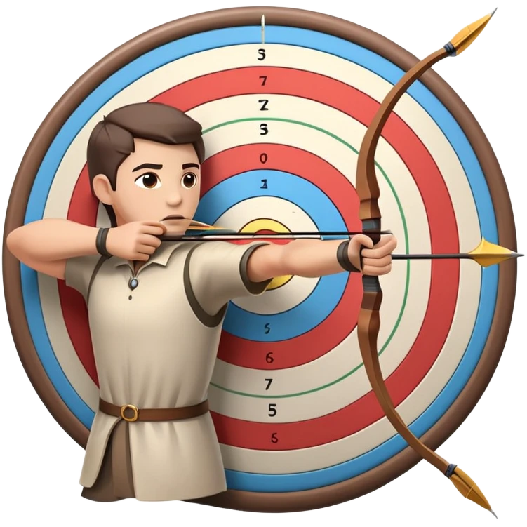 An archer drawing a bow and aiming an arrow at a target, with perfect focus and precision. The target is visible in the background, featuring concentric rings. The scene captures the concentration and skill involved in archery, emphasizing the elegance and accuracy of the sport. emoji