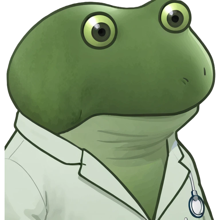 bufo frog wearing medical coat, downcast sad eyes, looking at camera emoji