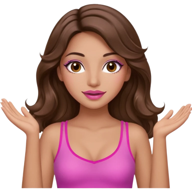 girl with long wavy brown hair, brown eyes, long lashes makeup, sexy pink lips, light to medium complexion, wearing a pink sexy top, both hands in teh air emoji