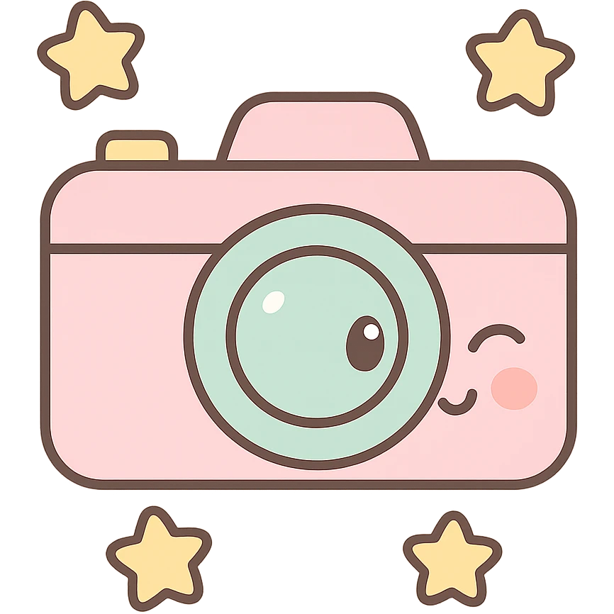 a camera kawaii style winking surrounded by stars emoji