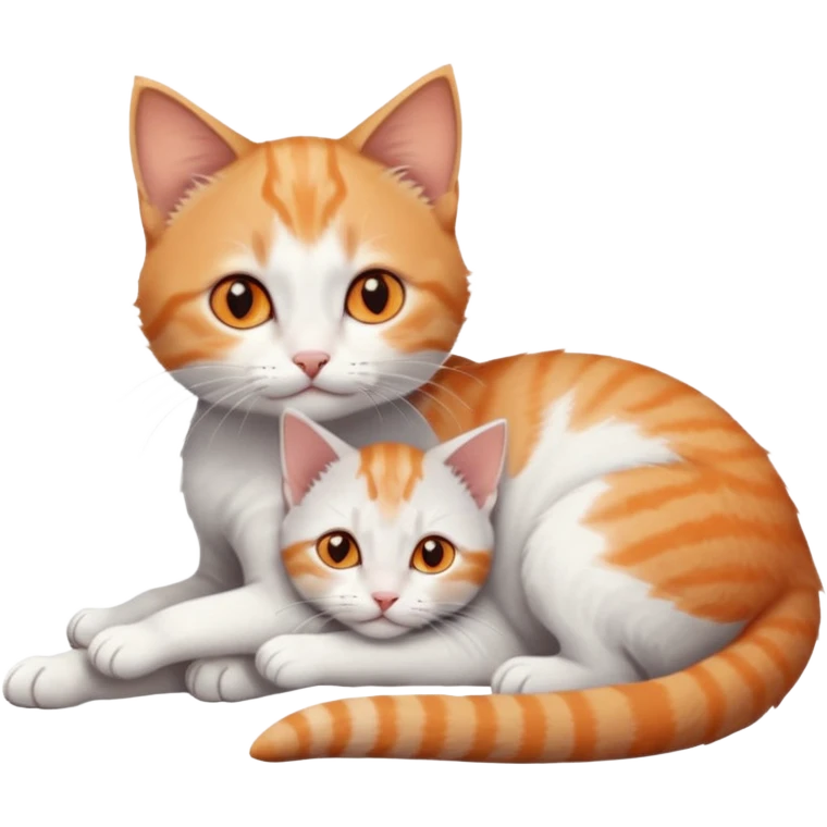 full body of very small + skinny ginger and white kitten with deep orange eyes and triangular shaped face lying down cuddling a grey and white kitten who is a bit bigger than him emoji