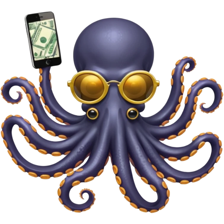 Intimidating octopus with pearl black skin, neon suction cups. Wearing mirrored sunglasses and a gold chain. 3 tentacles are holding their own cellphone, 2 other tentacles are holding stacks of money emoji