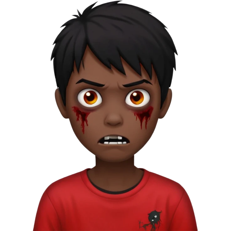 Boy, zombie, black hair, medium long, emo, shaggy, dark, spooky, creepy expression, red shirt. emoji