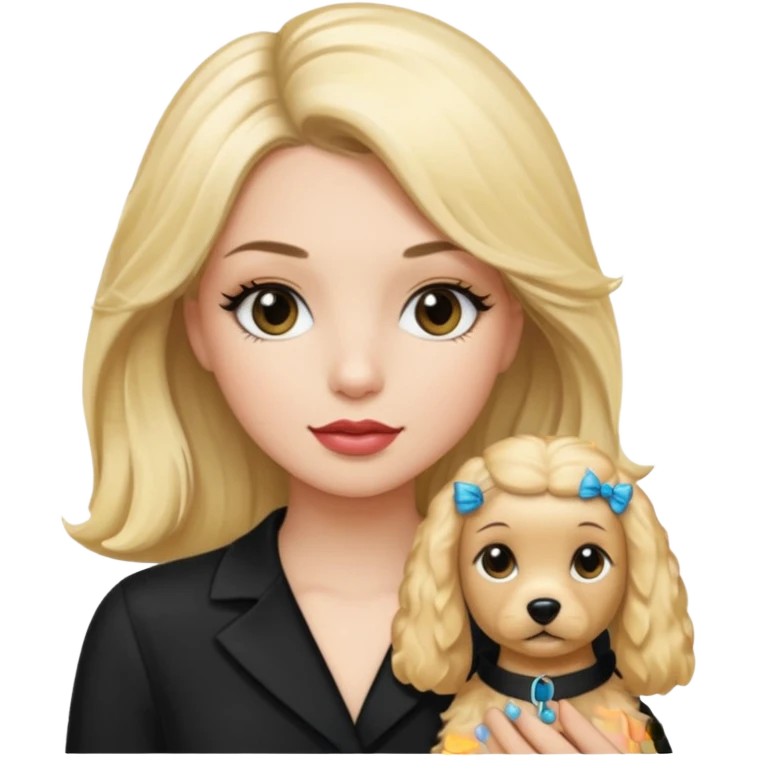 Make a girl with long black silky  hair holding a cockapoo make the cockapoo blonde Make thr girl have mascara and lipgloss on emoji