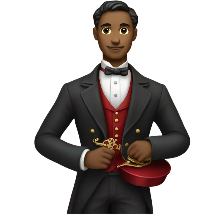 waiter in Victorian dress elegant red full body, holding big key emoji