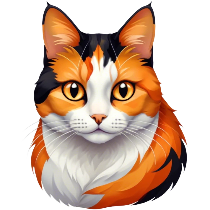 Cinematic Noble Calico Cat Portrait Emoji, Poised and regal, with a striking patchwork fur in vibrant orange, black, and white hues, delicate whiskers and a refined, focused gaze, simplified yet exquisitely detailed, glowing with a soft, moonlit radiance and an air of aristocratic elegance, high shine, exuding dignified intelligence and poised authority, soft glowing outline, capturing the essence of a watchful and noble calico cat that appears ready to grace the screen with effortless majesty! emoji