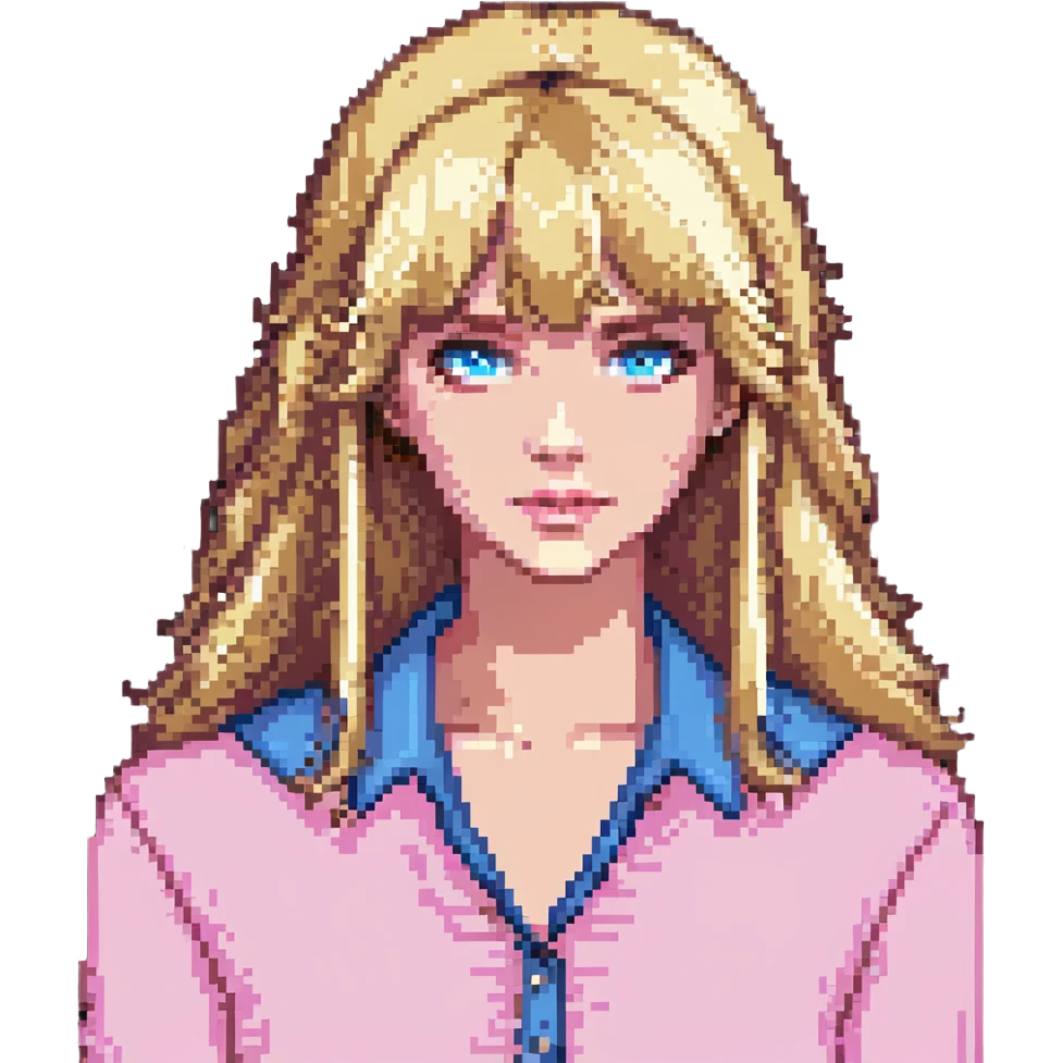 blonde woman with bangs, wearing a pink blouse, blue eyes emoji