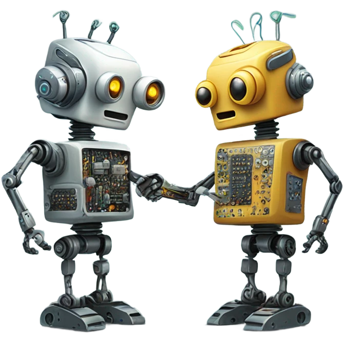 Two robots. One robot is performing surgery on the other robot's head.  emoji