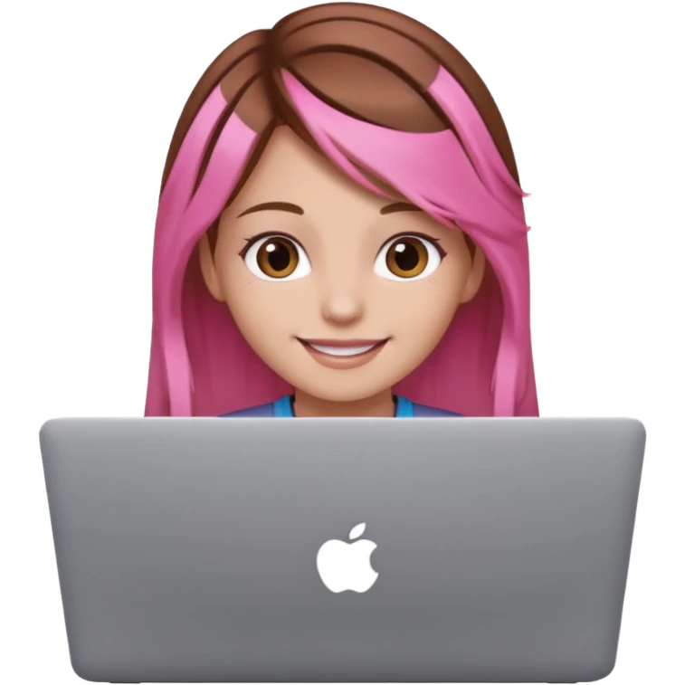 Make an apple emoji of a girl with brown hair that has pink strands of hair with her face behind a laptop screen facing her. emoji