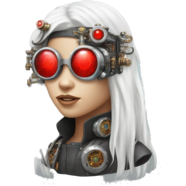 White long hair female cyborg head with red steampunk goggles and circuits emoji