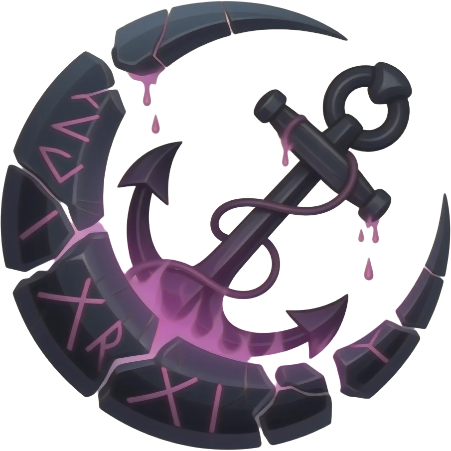„blackened crescent‑moon fused with a jagged anchor, cracked runic engravings glowing violet, thin pink curse‑energy leaking like burning veins, soft moonlight catching the cracks, drifting shadow‑mist, ultra‑detailed, black‑violet‑pink palette, no characters“ emoji