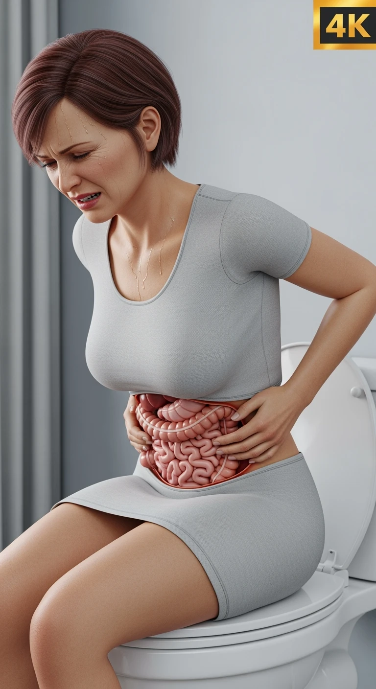DONNA CON MAL DI PANCIA SEDUTA SUL WC MENTRE SI SFORZA, INTESTINO UMANO ANATOMICO IN EVIDENZA, IPERREALISTICA 4K emoji