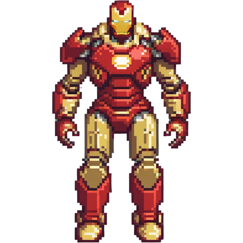 Hulkbuster armor, massive red and gold Iron Man suit designed to fight Hulk, bulky armored exoskeleton, retro video game style emoji