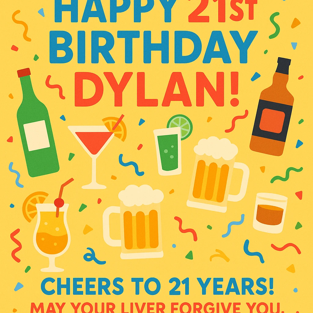 Funny digital birthday card for Dylan's 21st birthday featuring a big headline 'Happy 21st Birthday Dylan!' with lots of booze graphics including bottles, cocktails, and beer mugs, confetti, playful and bright colors, bold sans-serif fonts, and a funny message saying 'Cheers to 21 years! May your liver forgive you.' emoji