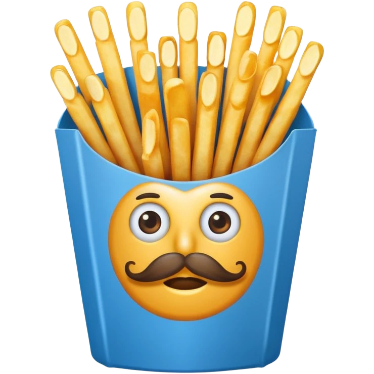long slim crispy fries in a blue carton, carton has eyes and mustache emoji