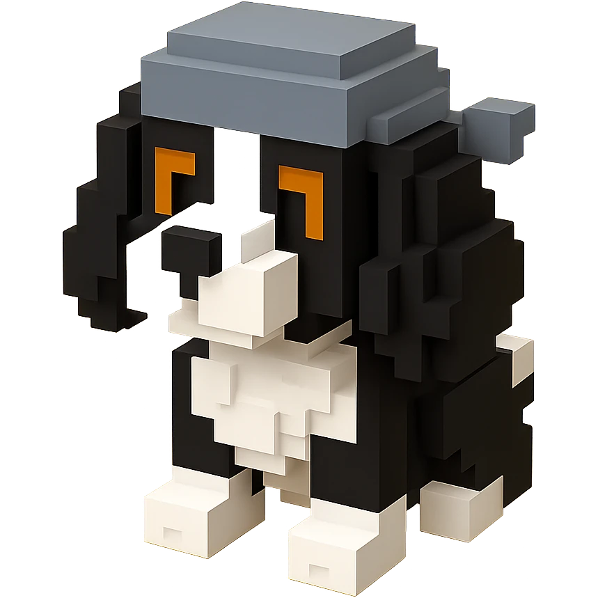 A black and white Russian Cocker Spaniel puppy wearing a gray durag, voxel style, standing emoji
