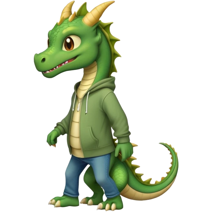 friendly anthropomorphised green dragon in a hoodie and jeans walking upright emoji
