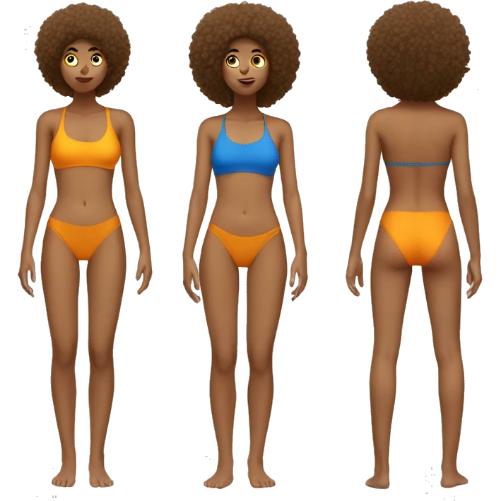 Tan girl with orange and blue afro, yellow swimsuit, rear view emoji