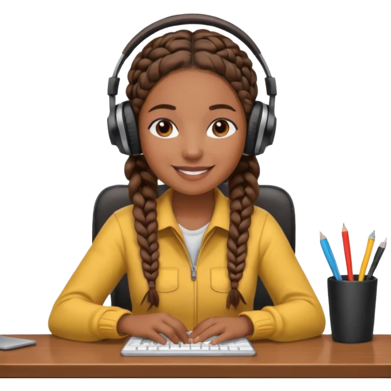 realistic brown skinned female with braids sitting at a desk with headphones on emoji